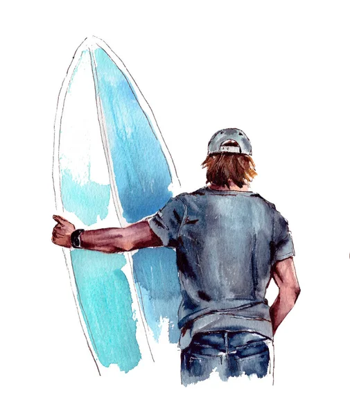 Illustration Des Surfens Surfer Steht Zurück Surfer Mit Surfbrett Posiert — Stockfoto