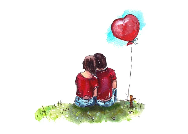 Illustration Valentinstag Verliebte Roten Shirts Sitzen Auf Dem Gras Schauen — Stockfoto