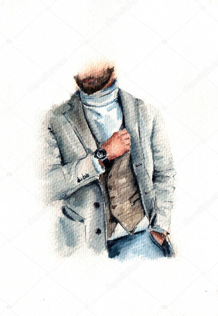 watercolor illustration, fashion illustration, fashion image for a business man, silhouette of a man in a pantsuit and vest