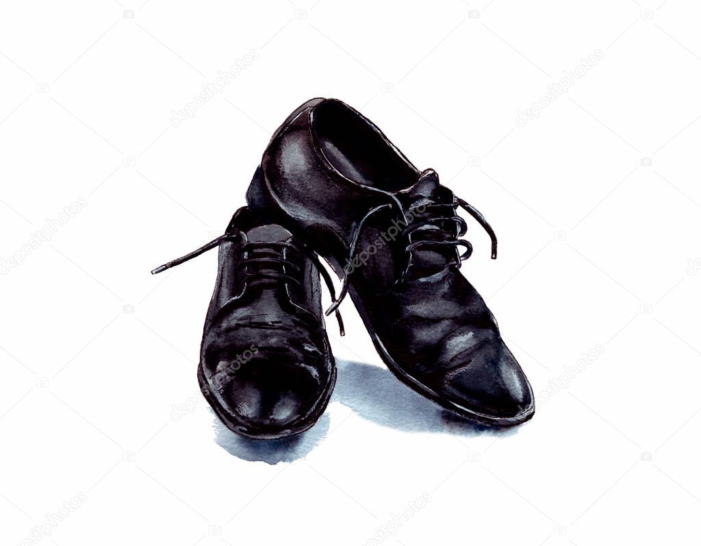 illustration, watercolor, black men's shoes for celebration, for wedding, wedding accessories