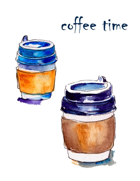 Aquarelle Illustration Heure Café Tasses Papier Avec Café Café Emporter — Photo