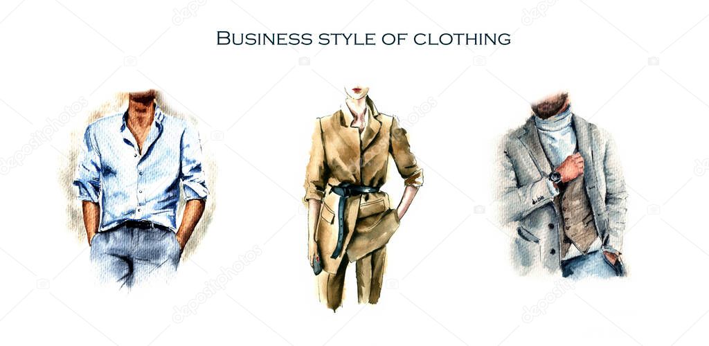  watercolor fashion illustration, a fashionable image for a business man, for a business woman, business style of clothing