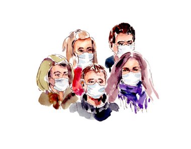 Suluboya illüstrasyon... koruyucu maskeli bir grup insan. Virüs koruması, salgın