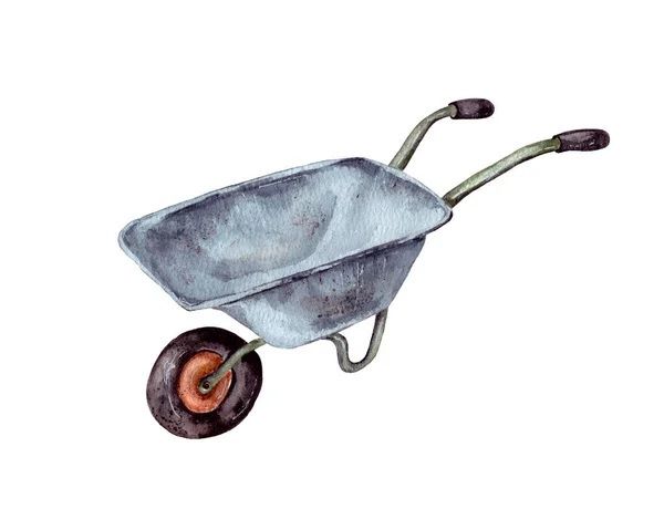 手描きの水彩画 園芸用品道具 貨物金属灰色を1輪で輸送するためのガーデンホイールバロー絶縁 — ストック写真