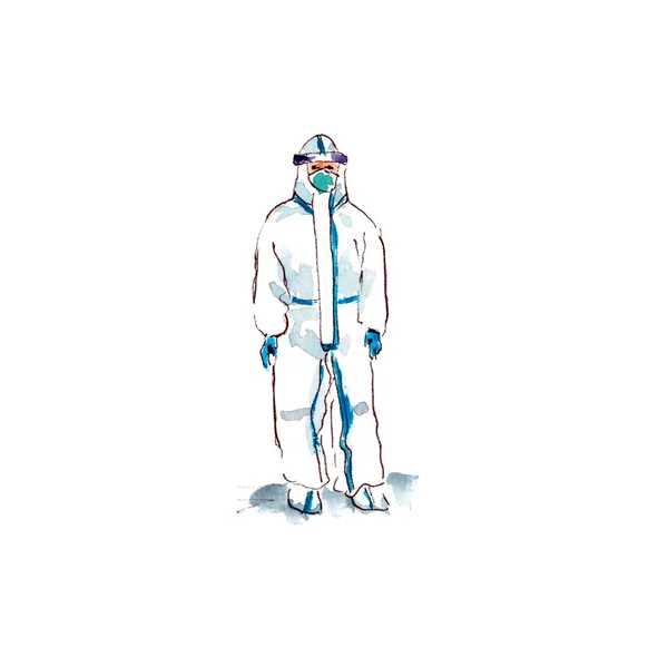 Aquarell Illustration Handgezeichnet Die Figur Des Arztes Weißer Schutzkleidung Während — Stockfoto