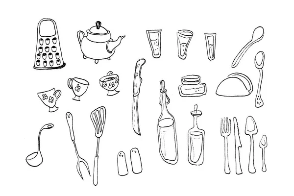 Illustration Est Dessinée Main Dessin Contour Noir Accessoires Cuisine Accessoires — Photo