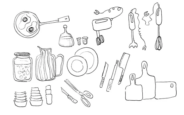 Иллюстрация Нарисована Вручную Черным Контуром Кухонные Принадлежности Кухонные Принадлежности Isolated — стоковое фото