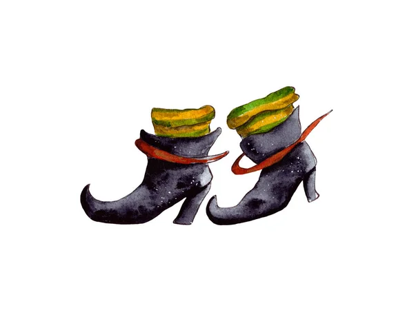 Ilustración Acuarela Dibujada Mano Fiesta Halloween Atributos Navideños Botas Negras — Foto de Stock