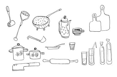 Çizim elle çizilmiş. Siyah bir çizgi çiziyor. Mutfak aksesuarları, mutfak aksesuarları. İzole edilmiş