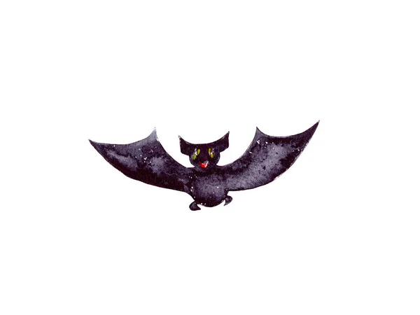 Handgezeichnete Aquarell Illustration Schwarze Fledermaus Mit Offenen Flügeln Attribut Feiertag — Stockfoto