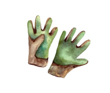 hand-drawn watercolor illustration. garden tools and accessories: green gloves for work in the garden, hand protection. clipart