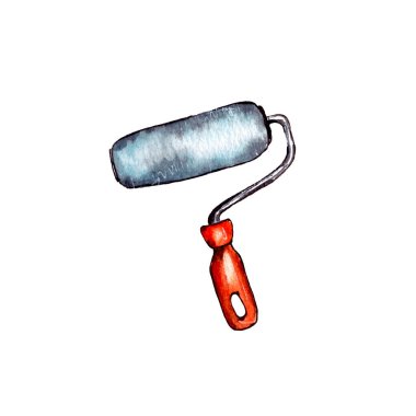  Tamir için el çizimi suluboya illüstrasyon araçları: duvarları boyamak ve duvarları boyamak için boya silindiri