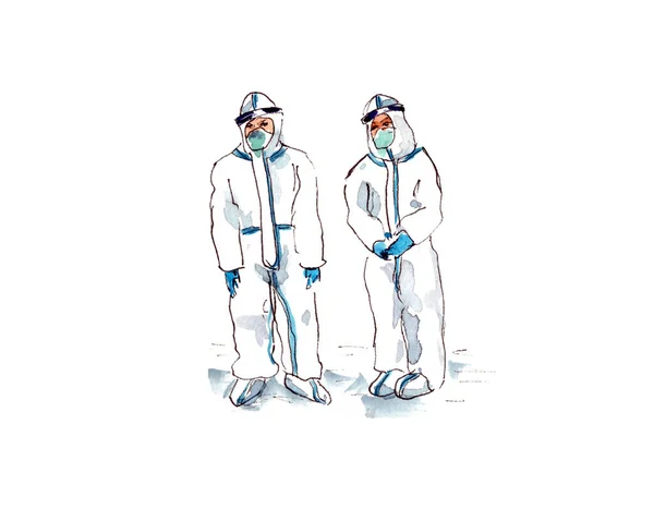 手描きの水彩イラスト。感染症の蔓延に対する白い防護服を着た医師の姿 — ストック写真