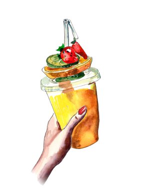 El yapımı suluboya çizimi, yaz manzarası, buz bardağında tropikal kokteyl, ferahlatıcı bir içecek.