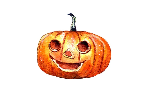 Hand-drawn watercolor illustration. ripe yellow pumpkin for interior decoration on All Saints  Day-Halloween. a Scarecrow for passers-by. — Stock Photo, Image