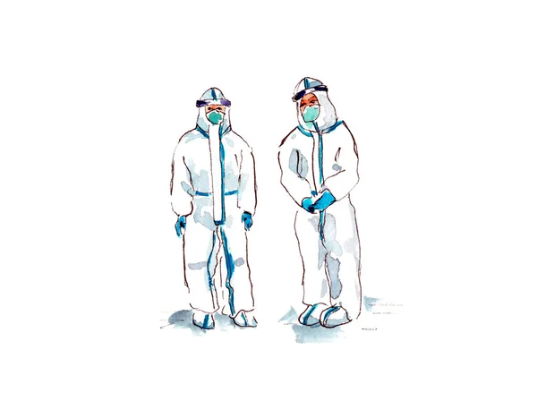 手描きの水彩イラスト。感染症の蔓延に対する白い防護服を着た医師の姿 — ストック写真