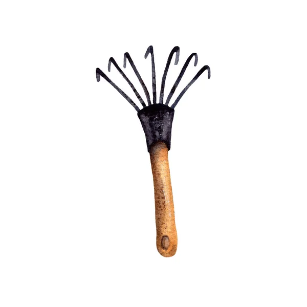Handgezeichnete Aquarell-Illustration. Gartengeräte für die Pflanzenpflege, Gartenhilfe. kleiner schwarzer Rechen mit Holzgriff, Provence-Stil — Stockfoto