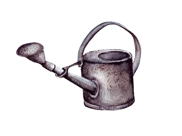 Ilustração aquarela desenhada à mão. ferramentas de jardim e acessórios: regador de metal para regar plantas e flores no jardim — Fotografia de Stock