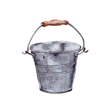  hand-drawn watercolor illustration . gardening supplies, tools. grey metal bucket clipart