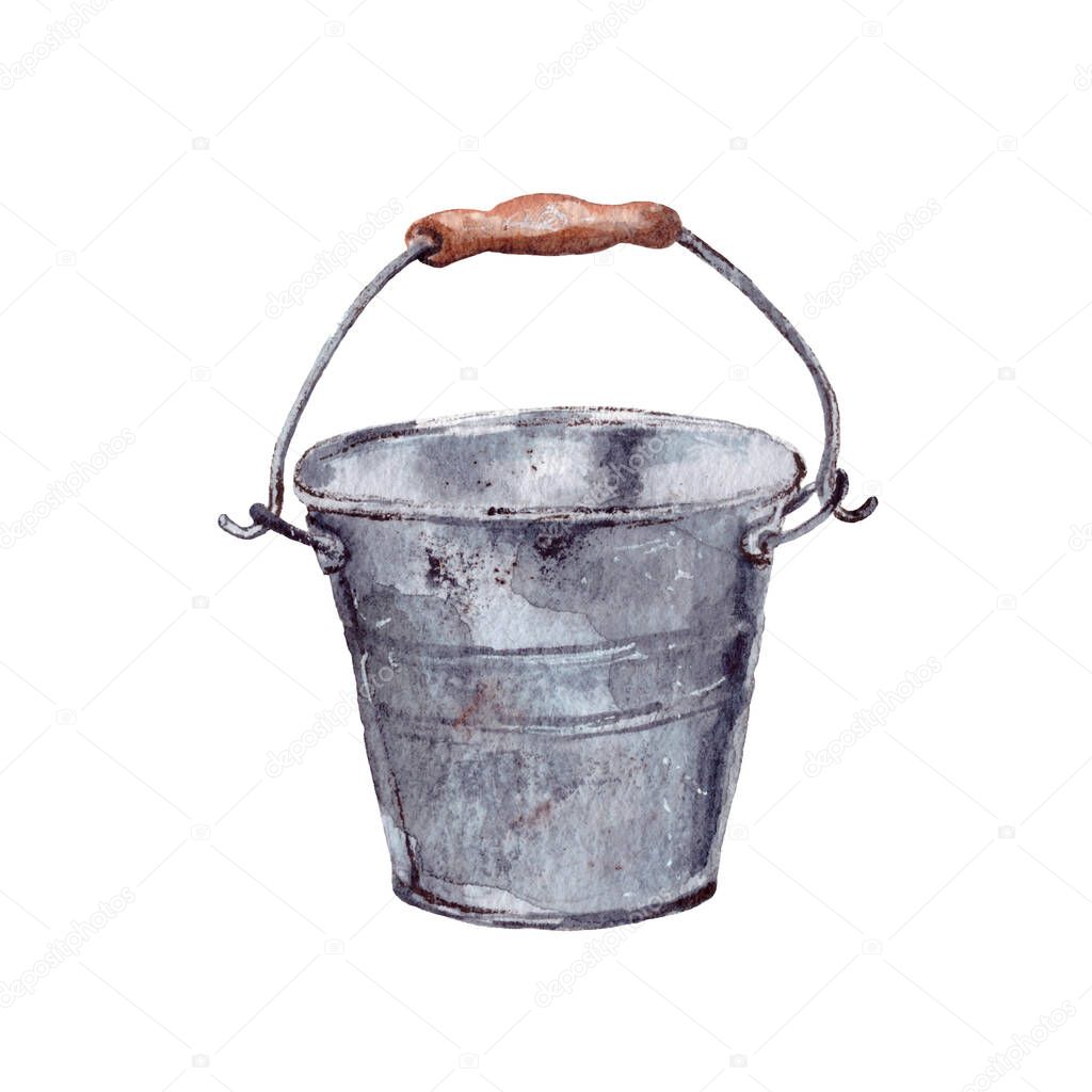  hand-drawn watercolor illustration . gardening supplies, tools. grey metal bucket