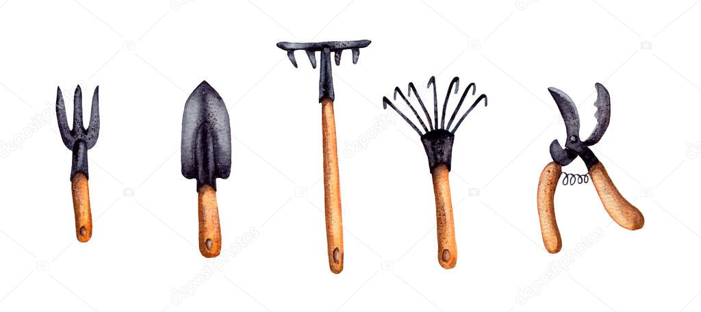 hand-drawn watercolor illustration. garden tools for plant care, gardening assistance. brushcutter, pruner, rake, small pitchfork and shovel with a wooden handle, in the style of Provence.. isolated