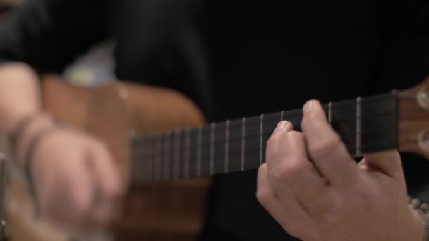 Men Playing String Cuatro Instrument Recording Session Closeup Artist Playing — Stock video