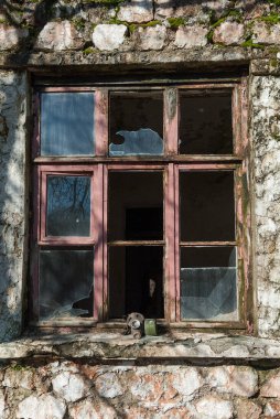 Parçalanmış gaz maskeli, terk edilmiş bir evin kırık penceresi.