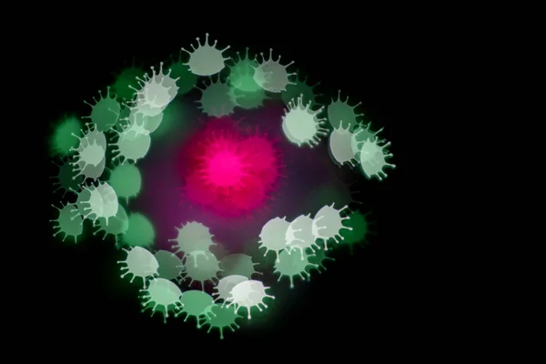 アブストラクトコロナウイルスCovid 19フリースペースを持つ黒の紫緑のボケ — ストック写真