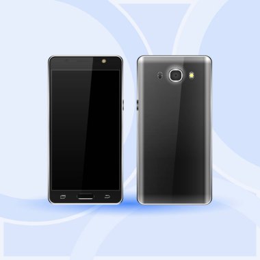 Modern siyah ince smartphone bir boş ekran ve mavi güzel arka plan ile yeni sürümü.