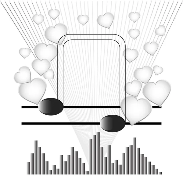 Fondo musical, notas musicales con corazones, vector — Archivo Imágenes Vectoriales