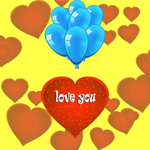 Glad alla hjärtans dag. Rött hjärta med ballonger på gul bakgrund. Kort, Festinbjudningar. vektorillustration — Stock vektor