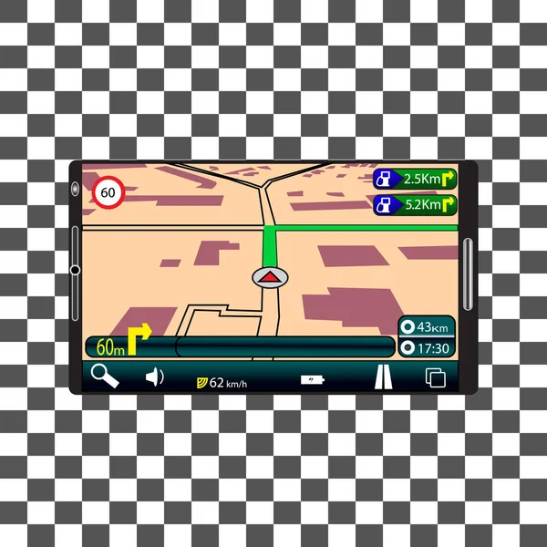 Digitale Geräte mit GPS-Karte auf dem Bildschirm, der Navigator im Hintergrund — Stockvektor