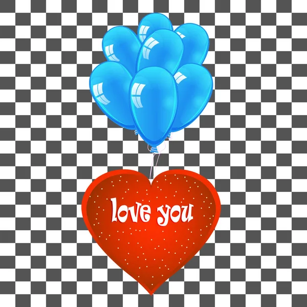 Glückliche Valentinstagskarte, Herz mit blauen Luftballons mit Aufschriften. Vektorillustration. — Stockvektor