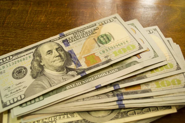 Money Wooden Background Stack One Hundred Dollars Bills Wooden Desk — Stock Photo, Image