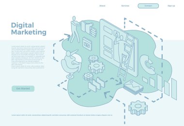 Dijital pazarlama stratejisi üzerinde çalışan Isometric uzmanlarından oluşan bir ekiple bir iniş sayfası. Dijital pazarlama, dijital teknolojiler web sayfası tasarımı konsepti. Vektör illüstrasyonu.