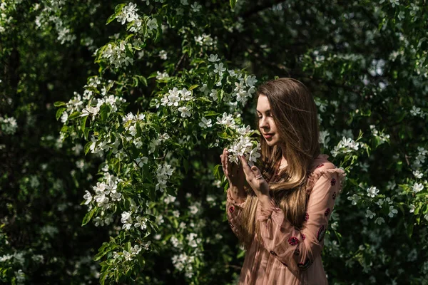 Menina Bonita Vestido Rosa Fica Lado Flores Brancas Jardim Maçã — Fotografia de Stock
