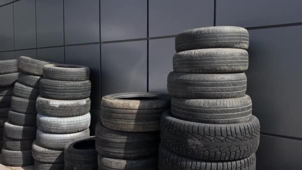 Old Tires Stand Wall Stacked Utilization Recycling — Stock Video