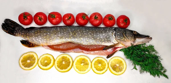 Brochet Caviar Gros Poisson Sur Fond Blanc Avec Tomates Tranches — Photo