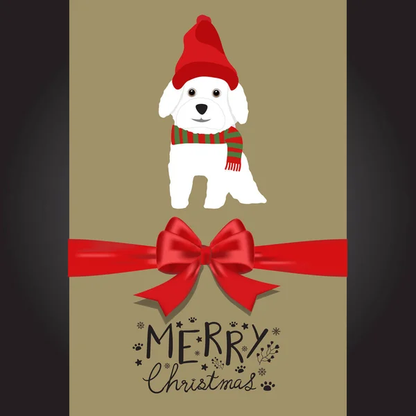 Feliz Navidad perros blancos en el sombrero rojo mano lettering vector . — Archivo Imágenes Vectoriales