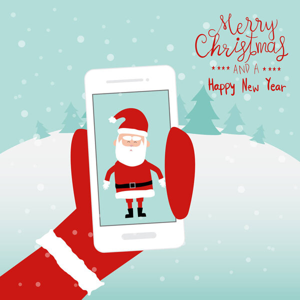 Merry christmas santa claus snow man and reindeer on the smartph
