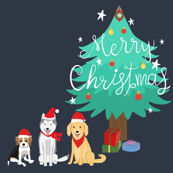 Feliz Navidad beagles, husky siberiano, perros de recuperación de oro vect — Vector de stock