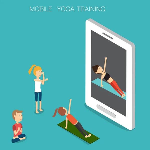 Sport Yoga entrenamiento en línea móvil Isométrico 3D vector. ilustración — Archivo Imágenes Vectoriales