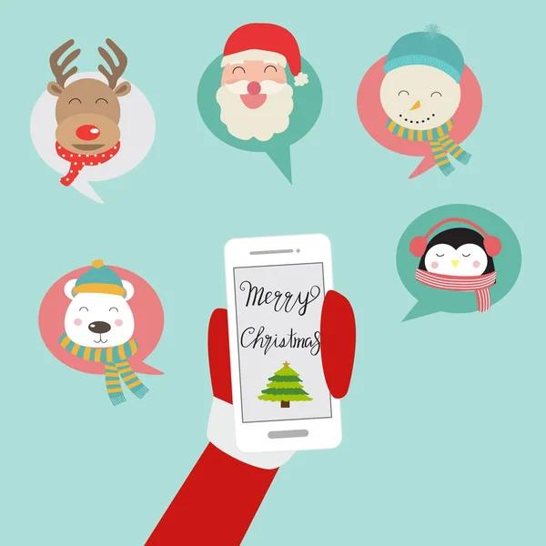 Frohe Weihnachten Weihnachtsmann auf dem Handy Social Network Vect — Stockvektor