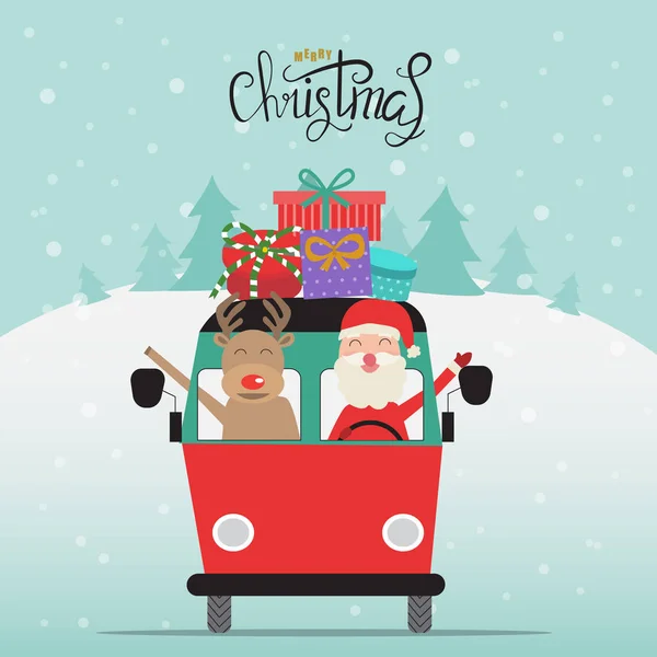 Feliz Navidad Santa Claus Renos Con Cajas Regalo Vector Van — Vector de stock