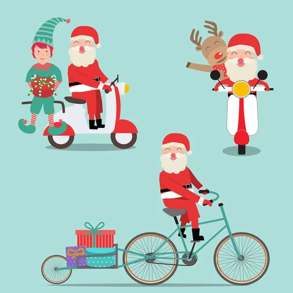 Feliz Navidad santa claus elfo y renos a caballo bicicleta y Ilustraciones De Stock Sin Royalties Gratis
