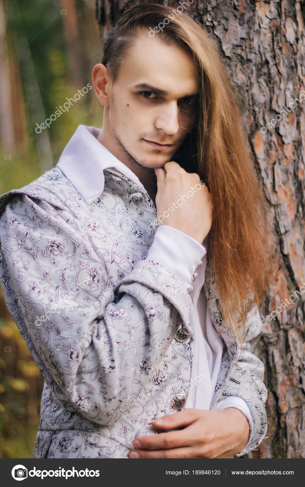 Sexy Long Haired Man Pipe His Hands Woods Beautiful Ancient