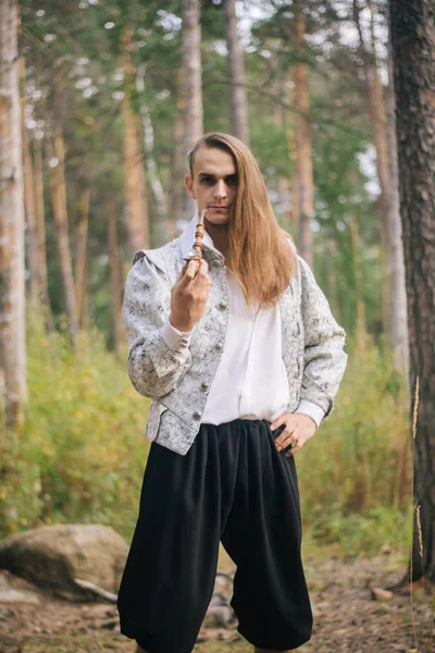 Sexy Long Haired Man Pipe His Hands Woods Beautiful Ancient — Stock Photo, Image