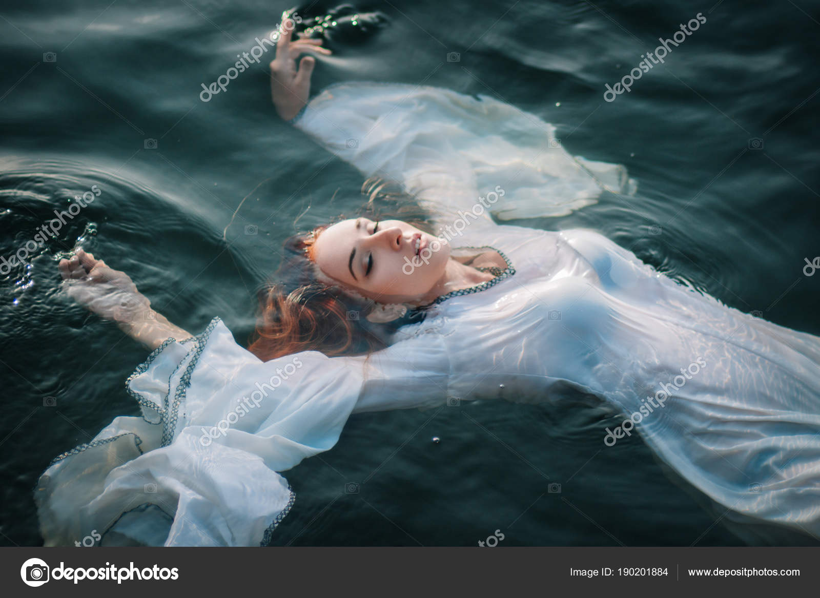 Beautiful Red Haired Girl Floating Water Rocky Coast Model Emerald Stock Photo By C Veronart1 190201884