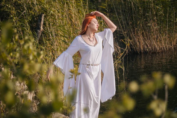 Beautiful Red Haired Girl Long White Dress Lake Shore Reeds — Stock Photo, Image