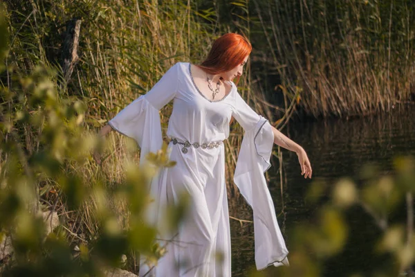 Beautiful Red Haired Girl Long White Dress Lake Shore Reeds — Stock Photo, Image